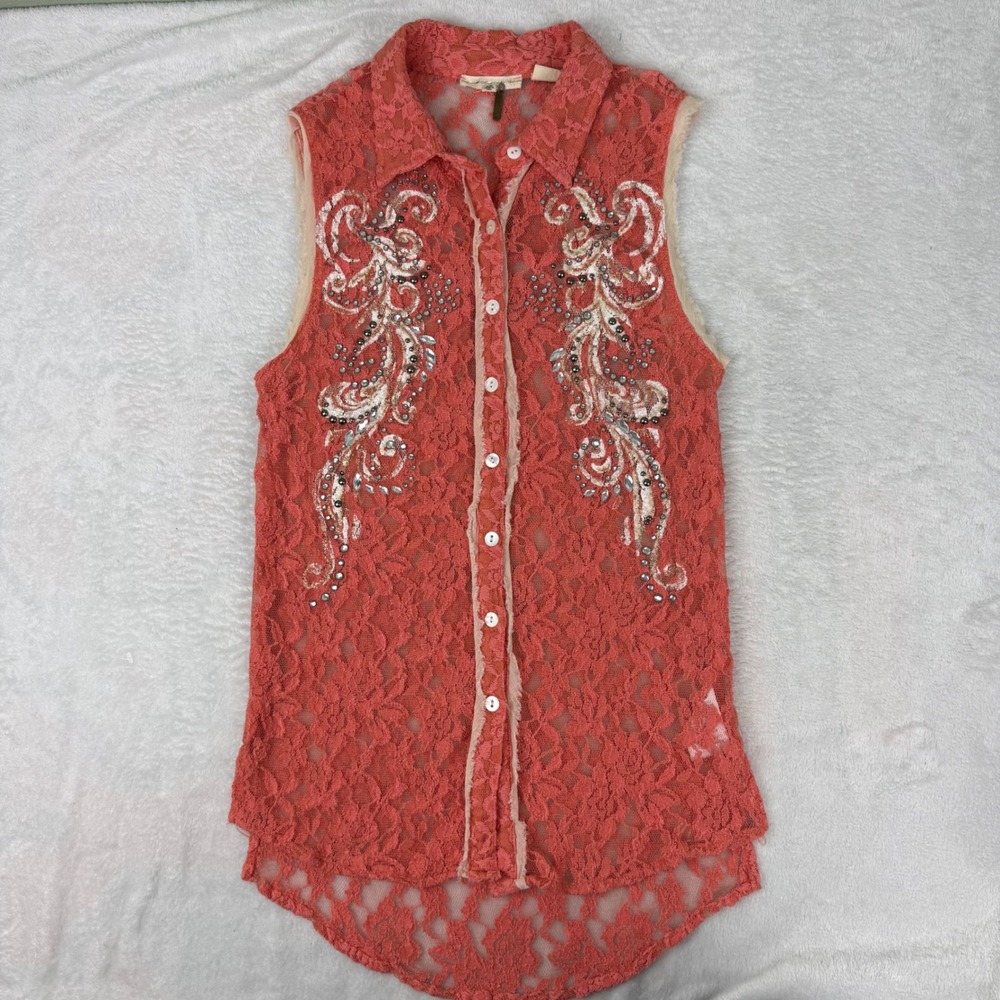 Miss Me Womens XS Coral Pink Lace Rhinestone Embellished Sleeveless Top MDT330 - Picture 4 of 8